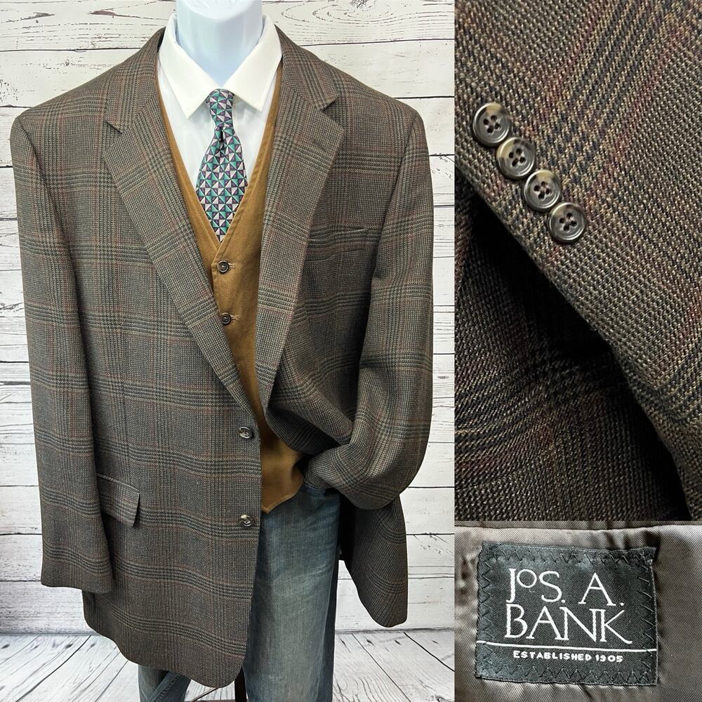 Jos. A. Bank 2 Button Blazer Mens 50L Wool Plaid Jacket Sport Coat Brown